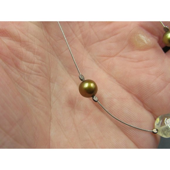 16" Sterling Silver Real Pearl And Quartz Stone Wire Necklace Vintage Minimalist - Picture 4 of 7